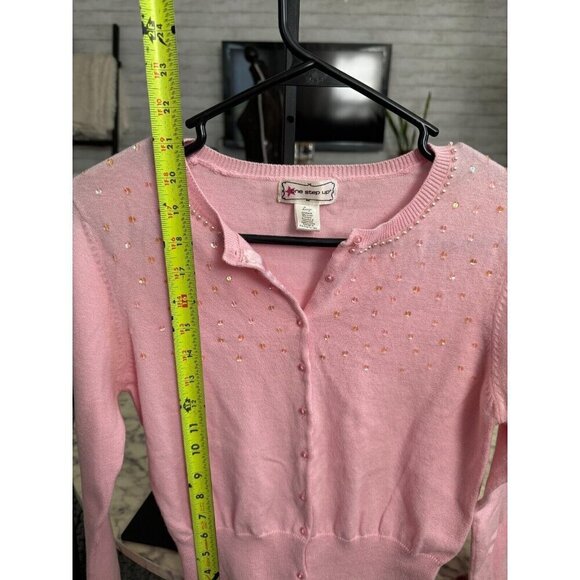 One Step Ahead Light Pink Button Down Beaded Cropped Cardigan Womens Sweater - Picture 4 of 5